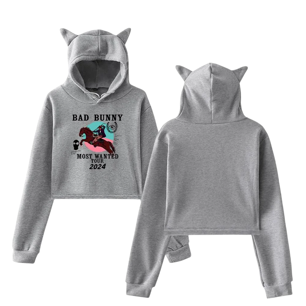 Bad Bunny Hoodie showing some iconic images related to this artist