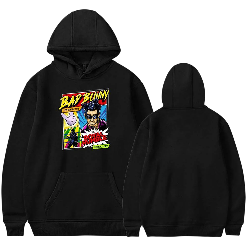 Bad Bunny Hoodie showing some iconic images related to this artist
