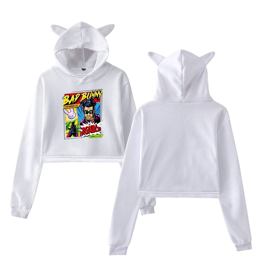 Bad Bunny Hoodie showing some iconic images related to this artist