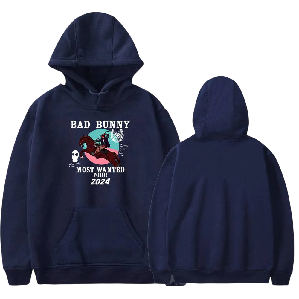 Bad Bunny Hoodie showing some iconic images related to this artist